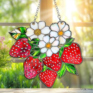 Strawberry Flower Acrylic Window Hanging, Strawberry Floral Window Hanging, Housewarming Gift, Garden Home Decor, Gift For Mom
