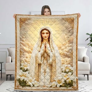 Holy Virgin Mary Quilt Blanket, Catholic Faith-Based Bedding Throw, Sacred Mother of God Religious Gift for Christians, Prayer Room Decor
