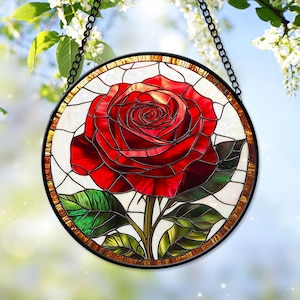 Faux Stained Glass Roses, Red Roses Suncatcher, Window Hanging, Gift for Mom, Flower Glass Art, Birthday Gift, Garden Home Decor