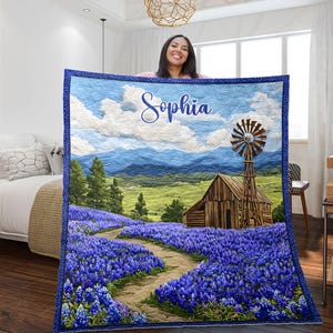 Custom Texas Bluebonnet Quilt Blanket, Rustic Farm Scene with Barn and Windmill, Wildflower Country Throw for Home Gift, Texas Bluebonnet