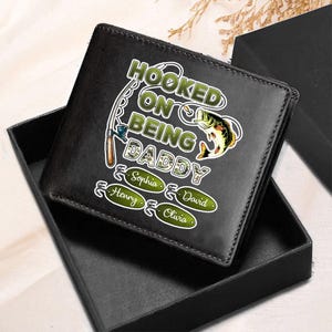 Cartera de cuero personalizada con los nombres de papá pescador e hijos, cartera de pesca personalizada "Hip-tonto" para abuelo, regalo para el Día del Padre, abuelo pescador