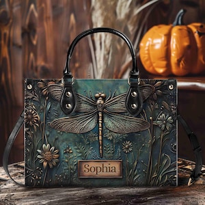 Personalized Beautiful Dragonfly Art Print Handbag With Handle, Dragonfly Floral Bag, Boho Dragonfly Bag, Nature Lover Gift, Cottagecore Bag