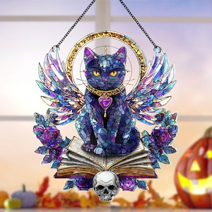 Black Cat Angel Acrylic Window Hanging, Gothic Book and Skull Suncatcher, Halloween Cat Lover Home Decor Gift, Black Cat Halloween Decor