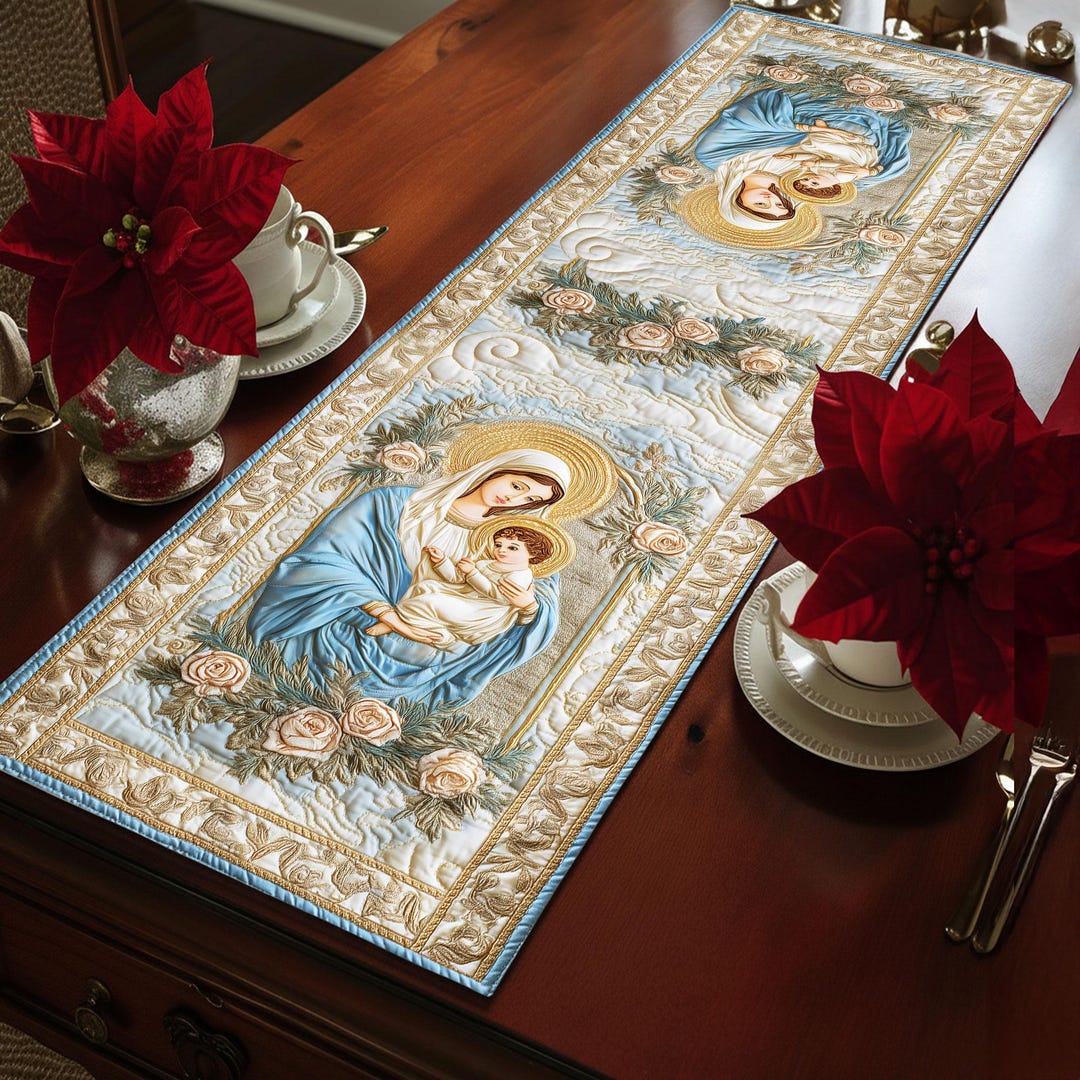 Virgin Mary and Baby Jesus Quilted Table Runner, Christian Table Decor ...