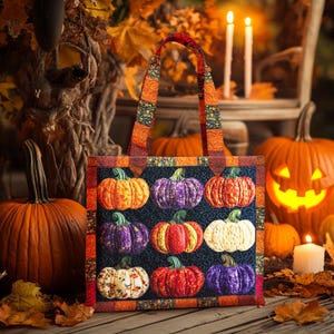 Pumpkin Quilted Tote Bag, Spooky Halloween Bags, Fall Halloween Bags, Witchy Gothic Bags, Colorful Autumn Pumpkins Tote Bag