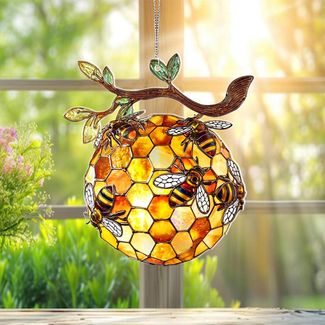 Bee Window Suncatcher, Acrylic Hanging Beehive Ornament, Stained Glass ...