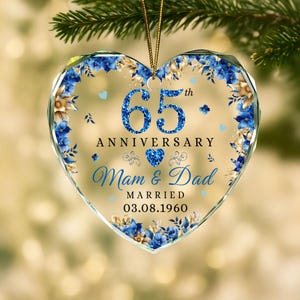 Blue Floral 65th Anniversary Glass Ornament, Personalized Heart Gift for Mom and Dad, Married in 1960, 65 Years of Love Celebration Keepsake
