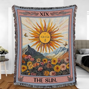 Coperta tessuta Boho The Sun Tarot, coperta tessuta con carta dei tarocchi e sole per gli amanti dei tarocchi, coperta estetica Boho, regalo per lettore di tarocchi