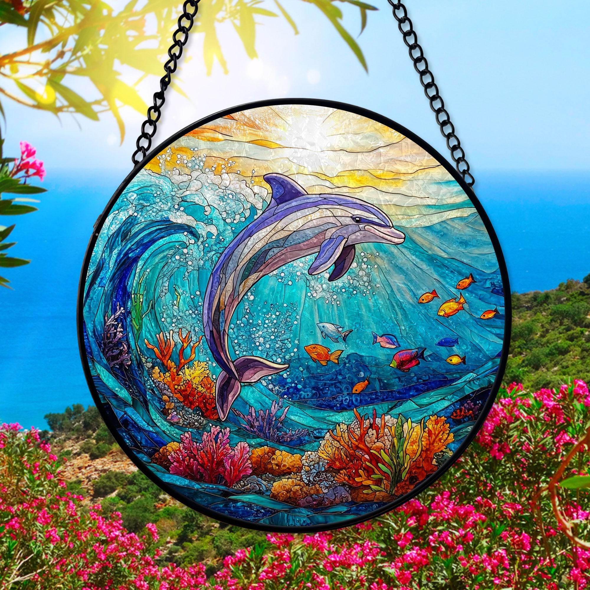 Acryl Fensterbehang Delfine – Buntglas-Optik, Mit Saugnäpfen/Ketten, Dekorativ