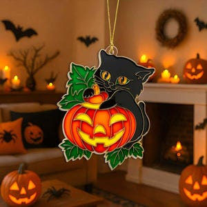 黒猫とカボチャのアクリル吊り下げオーナメント、ハロウィンデコレーション、猫好きへのギフト、不気味な猫のオーナメント、黒猫ハロウィンデコレーションホーム