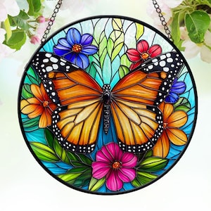 Vibrant Butterfly Stained Faux Glass Suncatcher - Colorful Butterfly with Flowers Design - Beautiful Window Hanging Art - Perfect Gift