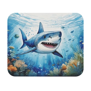 Shark Mouse Pad, Ocean Watercolor Desk Mat, Gaming Mousepad, Rectangle Office Decor, Animal Lover Gift