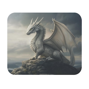 Artistic White Dragon Mouse Pad, Gaming Desk Accessories, Cool Office Decor, Rectangle Mouse Mat, Unique Gift for Dragon Lover, Fantasy