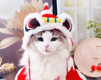 New Year Cat Costume Dancing Lion Hat, Chinese Spring Festival Outfit for Cats, Lunar New Year Pet Gift, Fortune Cat Clothes Winter Hat