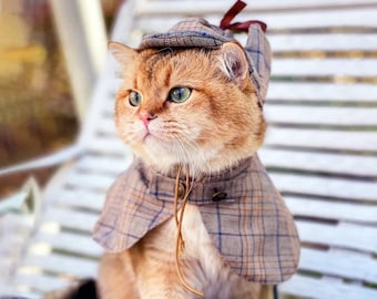 Cat Detective Costume Halloween, Sherlock Holmes Cape & Deerstalker Hat for Cats and Dogs, Pet Detective Outfit Funny Costume Party Dress Up