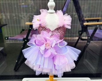 Customizable Size Lilac Flower Dog Dress, Sparkly Sequin Lilac Tutu Dress for Large Dogs and Cats, Puppy Wedding Birthday Outfit Pet Clothes