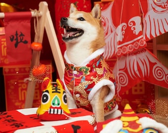 Large Dog New Year Costume Gold Dragon Red Coat Pet Chinese Spring Festival Outfit, Red Jacket for Shiba Labrador Husky, Custom Dog Clothes