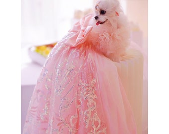 Customizable Size Dog Wedding Dress, Sparkling Pink Long Trail Gown for Large Dogs & Cats, Birthday Outfit Princess Costume Pet Clothes