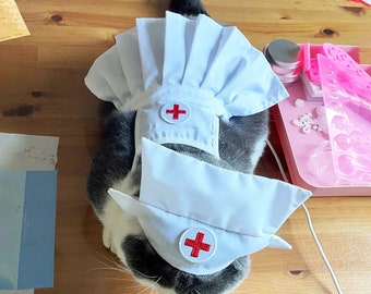 Nurse Costume for Cats and Dogs, Hospital Uniform Pet Cosplay Dress Up, White Apron and Hat Pet Clothes