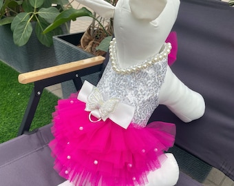 Wedding Sequin Dog Harness Dress Custom Size Color, Birthday Tutu Dress for Large Dogs & Cats, Princess Costume Prom Disco Party Pet Clothes