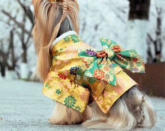 Japanese Kimono for Dogs, Customizable Gold Kimono for Large Dogs and Cats, Pet Yukata Costume, Golden Flower Fancy Dog Dress Pet Clothes