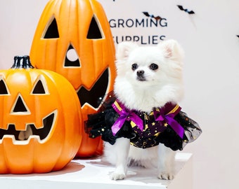 Halloween Witch Costume for Dogs and Cats, Orange Pumpkin Witch Black Tutu Dress, Pet Witch Outfit Dog Cosplay Clothes Custom Size