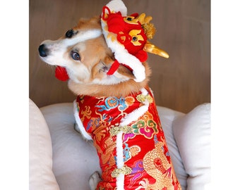 Large Dog New Year Costume Gold Dragon Red Coat Pet Chinese Spring Festival Outfit, Winter Jacket for Dogs and Cats,Custom Dog Clothes Corgi