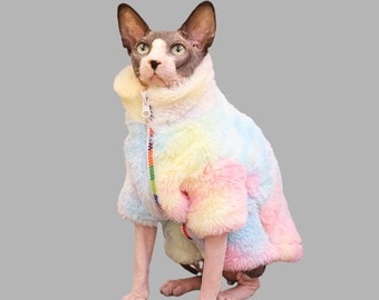 Sphynx Cat Winter Clothes Rainbow Plush Coat, Warm Jacket with Long Sleeves for Hairless Cats Devon Rex, Cat New Year Pet Clothes Customized