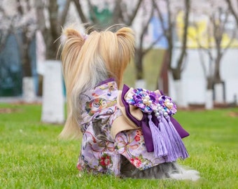 Japanese Kimono for Dogs, Lilac Kimono with Large Bow for Dogs and Cats, Pet Yukata Costume, Purple Fancy Dog Dress, Custom Pet Clothes