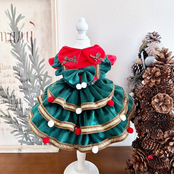 Costume d'arbre de Noël pour chiens et chats, costume d'elfe de Noël, robe en velours vert pour animaux de compagnie, tenue de fête de Noël, vêtements pour animaux de compagnie, taille personnalisée