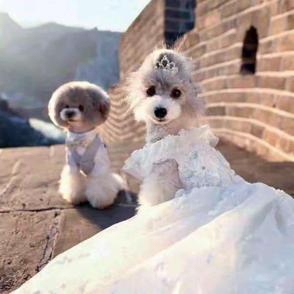 Wedding Dog Dress, Dog Flower Girl Dress, Bridal Dog Dress, Fancy White Long Train Dress for Cats and Dogs, Pet Wedding Outfit Custom Size