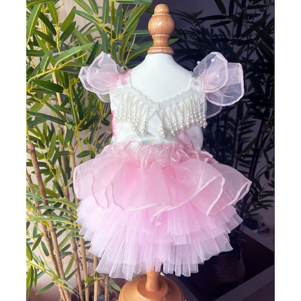 Customizable Size Wedding Dog Dress, Summer Pink Flower Tulle Dress for Dogs and Cats, Princess Costume Birthday Outfit Party Pet Clothes