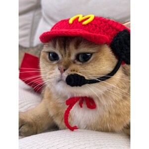 Fast Food Costume for Cats and Dogs, Snackbar Staff Uniform Chef Pet Cosplay Dress Up, Red Apron and Knitted Hat Inspired from McDonalds image 1