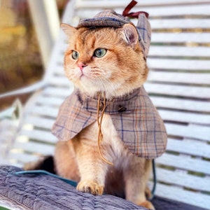 Cat Detective Costume Halloween, Sherlock Holmes Cape & Deerstalker Hat for Cats and Dogs, Pet Detective Outfit Funny Costume Party Dress Up image 1