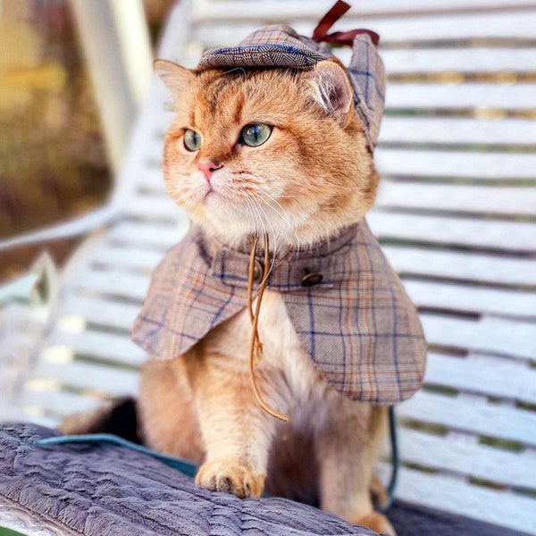 Katzen Detektiv Kostüm Halloween, Sherlock Holmes Umhang & Deerstalker Hut für Katzen & Hunde, Haustier Detektiv Outfit Lustiges Kostüm Party Anzieh