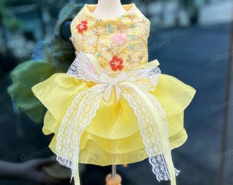 Anpassbares Hochzeits-Haustierkleid, glitzerndes gelbes Tüllkleid für große Hunde und Katzen, Geburtstagsfeier-Hundekleid, Sommer-Haustier-Kleidung-Kostüm