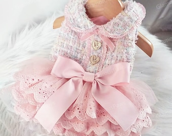 Pink Tweed Dress for Dogs and Cats, Vintage Luxury Tweed Tutu Dress for Pets, Fall Winter Pet Clothes Customized in Size