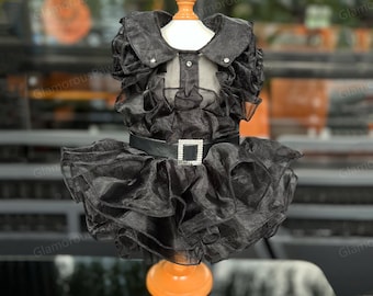 Wednesday Inspired Pet Costume Halloween Cosplay, Gothic Black Puffy Dress for Cats and Dogs, Custom Sizing Outfit for Pets