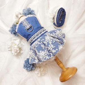 Denim Dog Harness Dress Leash Set, Blue Denim Ruffled Harness Dress for Cats and Dogs, Boho Vintage Fancy Pet Harness Clothes Custom Size