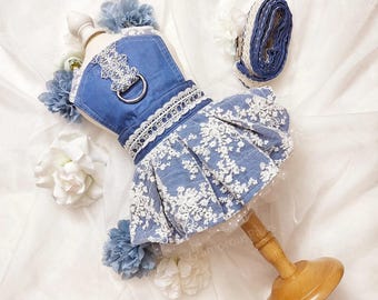Denim Dog Harness Dress Leash Set, Blue Denim Ruffled Harness Dress for Cats and Dogs, Boho Vintage Fancy Pet Harness Clothes Custom Size