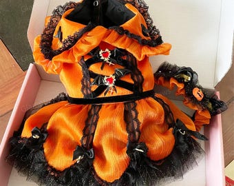 Halloween Witch Costume for Dogs and Cats, Orange Pumpkin Tutu Dress, Pet Witch Outfit Dog Cosplay Party Dress, Pet Clothes Custom Size