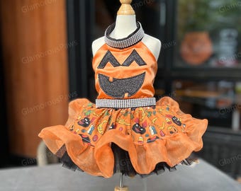 Halloween Dog Costume, Orange Pumpkin Black Tulle Puffy Dress for Cats & Large Dogs, Halloween Cosplay Party Costume Custom Pets Clothes