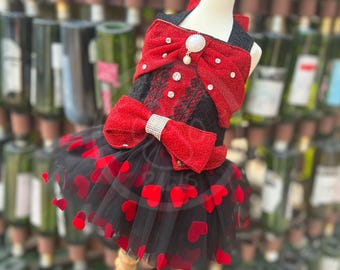 Anpassbares Hochzeitshundekleid, Geburtstagshundekleid, rotes Herz gemustertes Tüllkleid für große Hunde und Katzen, Haustierkleidung Prinzessinnenkostüm