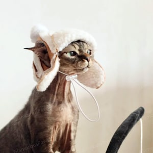 Brown Winter Sherpa Fleece Aviator Hat with Ear Holes for Sphynx Cats Devon Rex Cats, Outdoor Hat for Hairless Cats, Pets Travel Hiking Hat