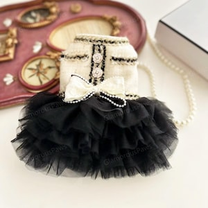 Beige Tweed Dress for Dogs and Cats, Vintage Luxury Tweed Black Tutu Dress for Pets, Fall Winter Pet Clothes Customized in Size