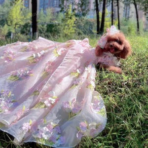 Wedding Dog Dress Pink Long Train Gown, 3D Flower Tulle Dress for Dogs Cats, Princess Costume Large Dog Birthday Outfit, Custom Pet Clothes