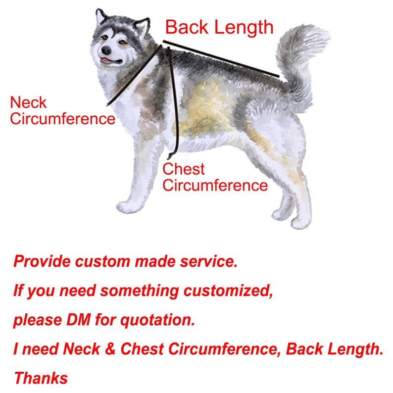 May include: Diagram showing how to measure a dog for a custom-made garment. The diagram shows a dog with markings for neck circumference, chest circumference, and back length. The text reads: "Provide custom made service. If you need something customized, please DM for quotation. I need Neck & Chest Circumference, Back Length. Thanks"