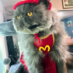 Fast Food Costume for Cats and Dogs, Snackbar Staff Uniform Chef Pet Cosplay Dress Up, Red Apron and Knitted Hat for Cats and Dogs Halloween