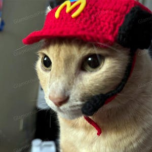 May include: A tan cat wearing a red crocheted hat with a yellow "M" logo and a black headset. The cat's eyes are wide and focused, and the headset has a red cord. The hat and headset are handmade.