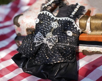 Schwarzer Tweed Hund Kleid, Vintage Prinzessinnenkostüm für Haustiere, Strass, Geburtstagsoutfit